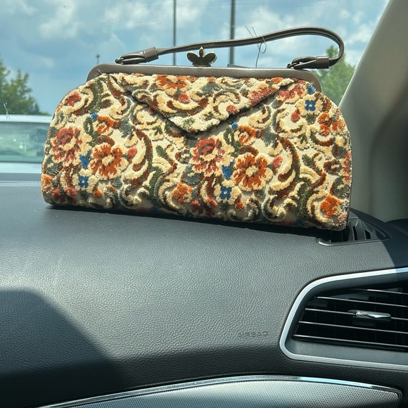 Graceline vintage chenille bag fall colors leather handle fully lined kiss lock - Picture 3 of 17